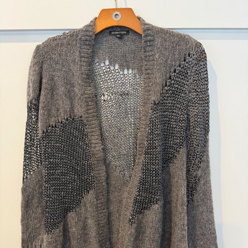 Eileen Fisher Sweater Gray Open Front Weave Wool Blend Cardigan Long Line XS - Picture 2 of 9